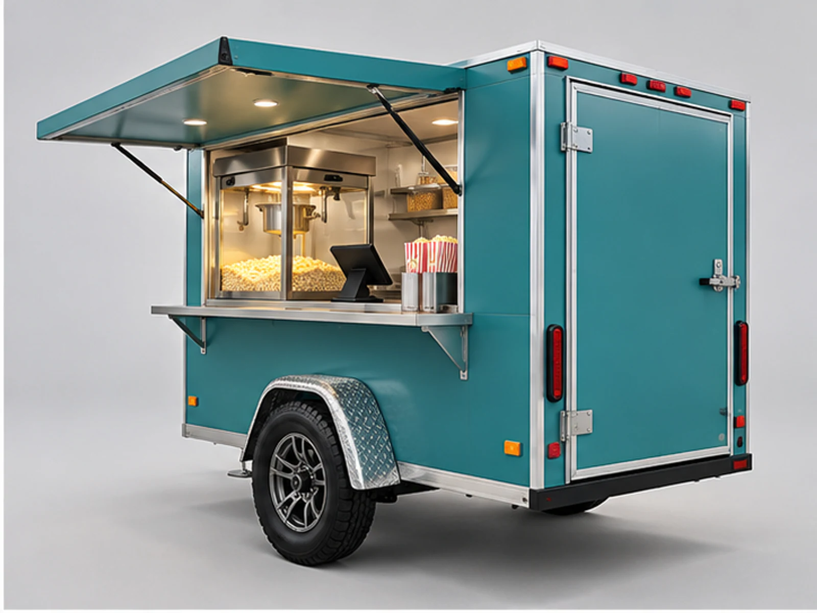 Outdoor Popcorn Trailer with Weatherproof Canopy opposite angle showing overall kiosk layout