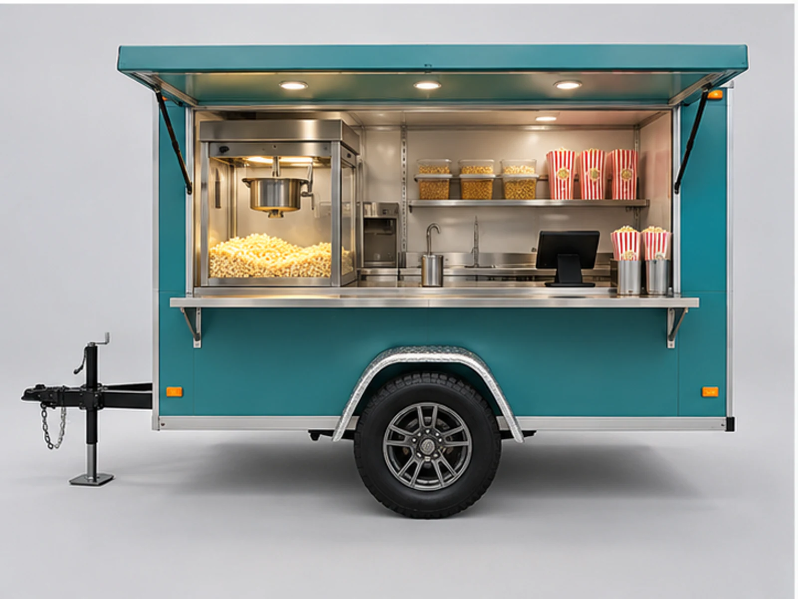 Outdoor Popcorn Trailer with Weatherproof Canopy customer-facing display and service counter