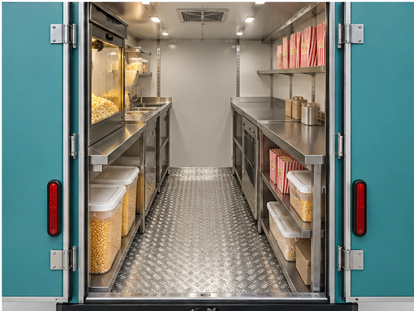 Outdoor Popcorn Trailer with Weatherproof Canopy staff-side equipment and storage layout