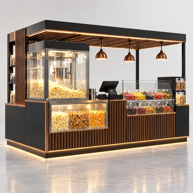 Popcorn and Candy Concession Kiosk with Split Merchandising main three-quarter product rendering