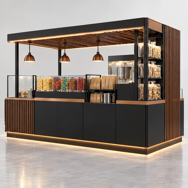 Popcorn and Candy Concession Kiosk with Split Merchandising opposite angle showing its complete footprint and display layout
