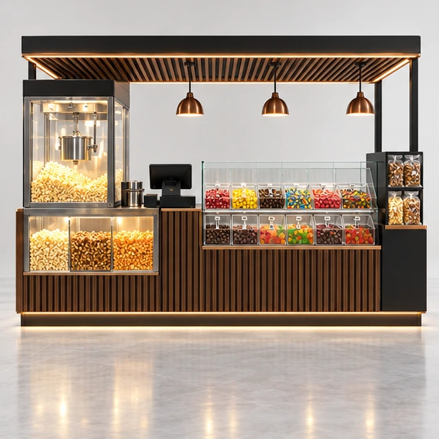 Popcorn and Candy Concession Kiosk with Split Merchandising customer-facing service and display view