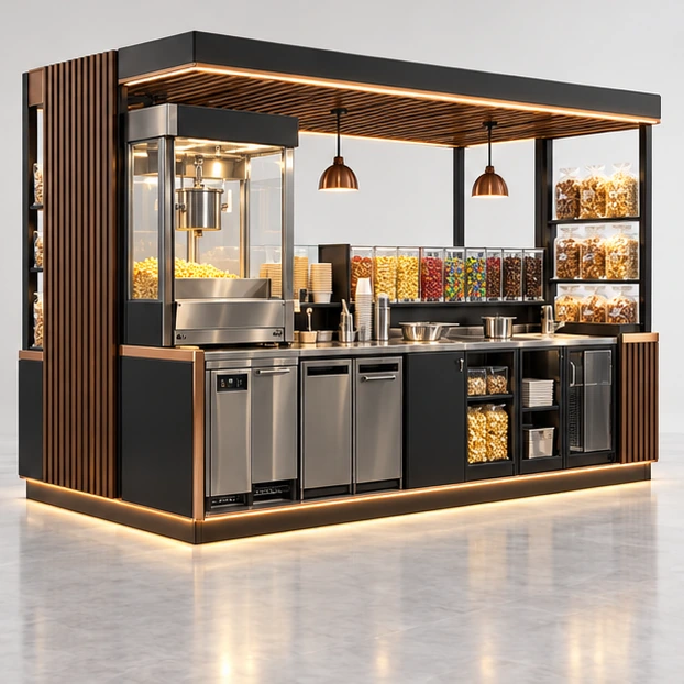 Popcorn and Candy Concession Kiosk with Split Merchandising operator-side equipment, access, and storage view