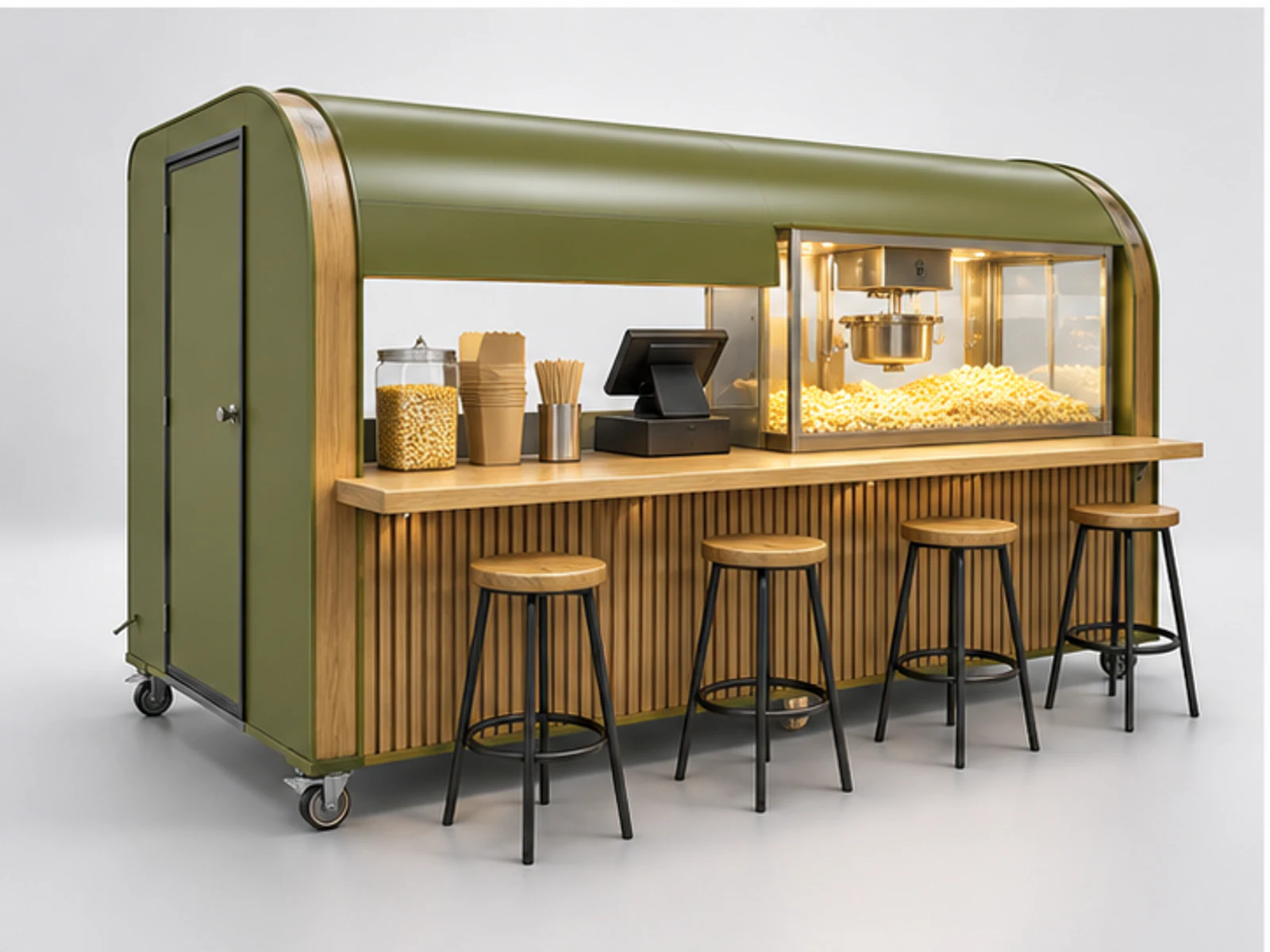 Popcorn Concession Stand with Seating Counter customer-facing display and service counter
