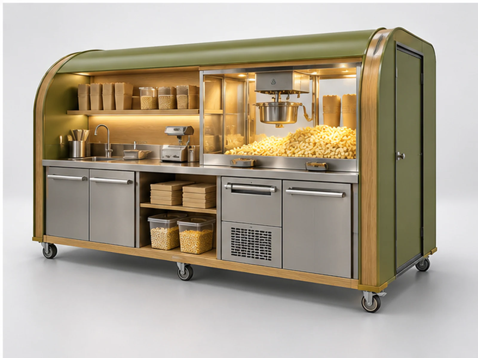 Popcorn Concession Stand with Seating Counter staff-side equipment and storage layout