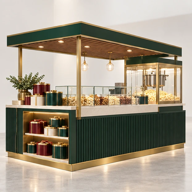Premium Popcorn Gift Kiosk with Tin Display opposite angle showing its complete footprint and display layout