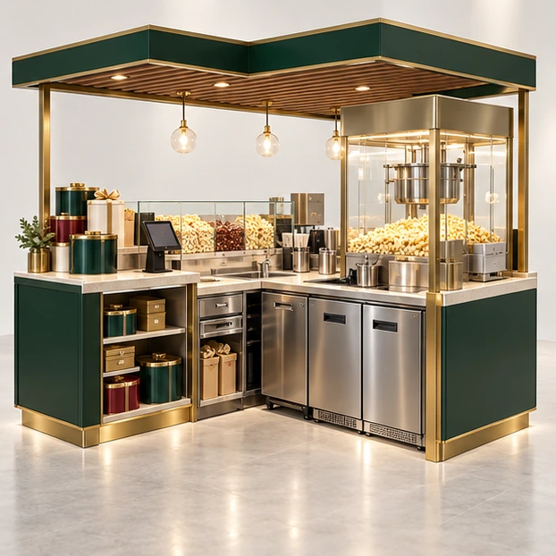 Premium Popcorn Gift Kiosk with Tin Display operator-side equipment, access, and storage view