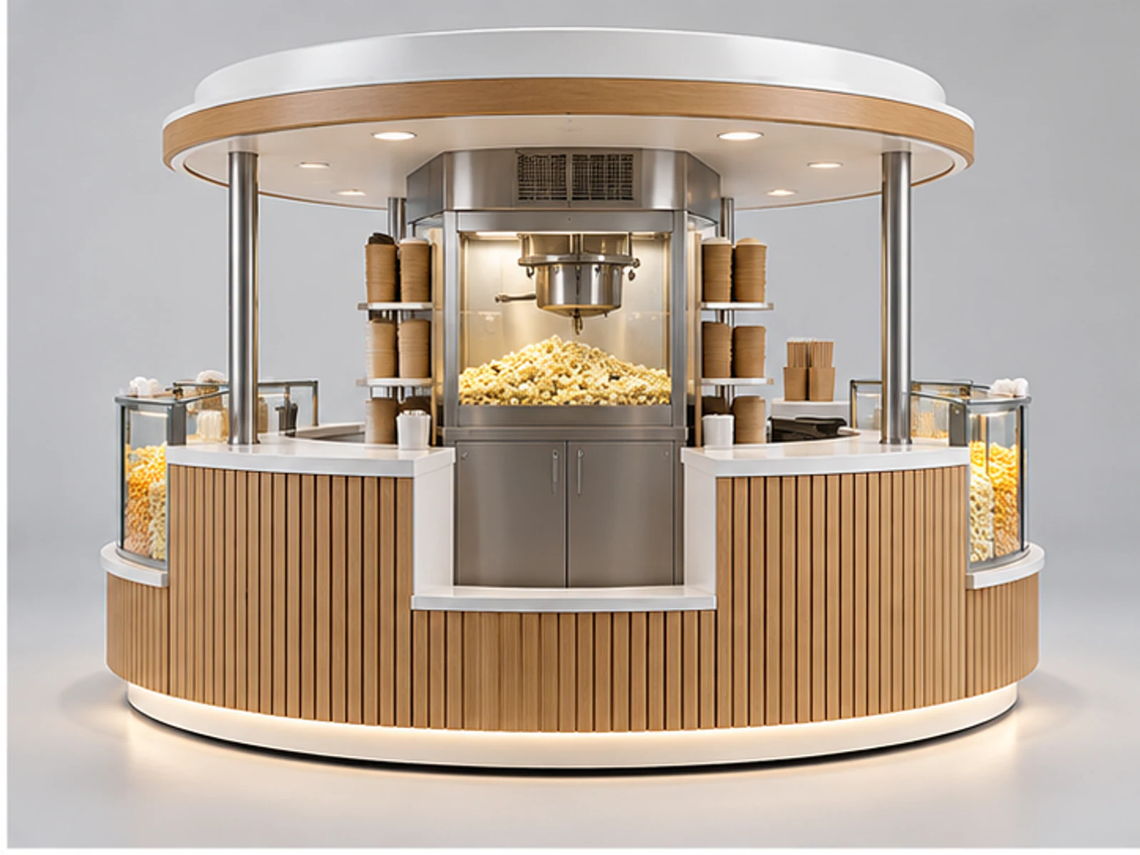 Round Popcorn Kiosk with Multi-Side Service opposite angle showing overall kiosk layout