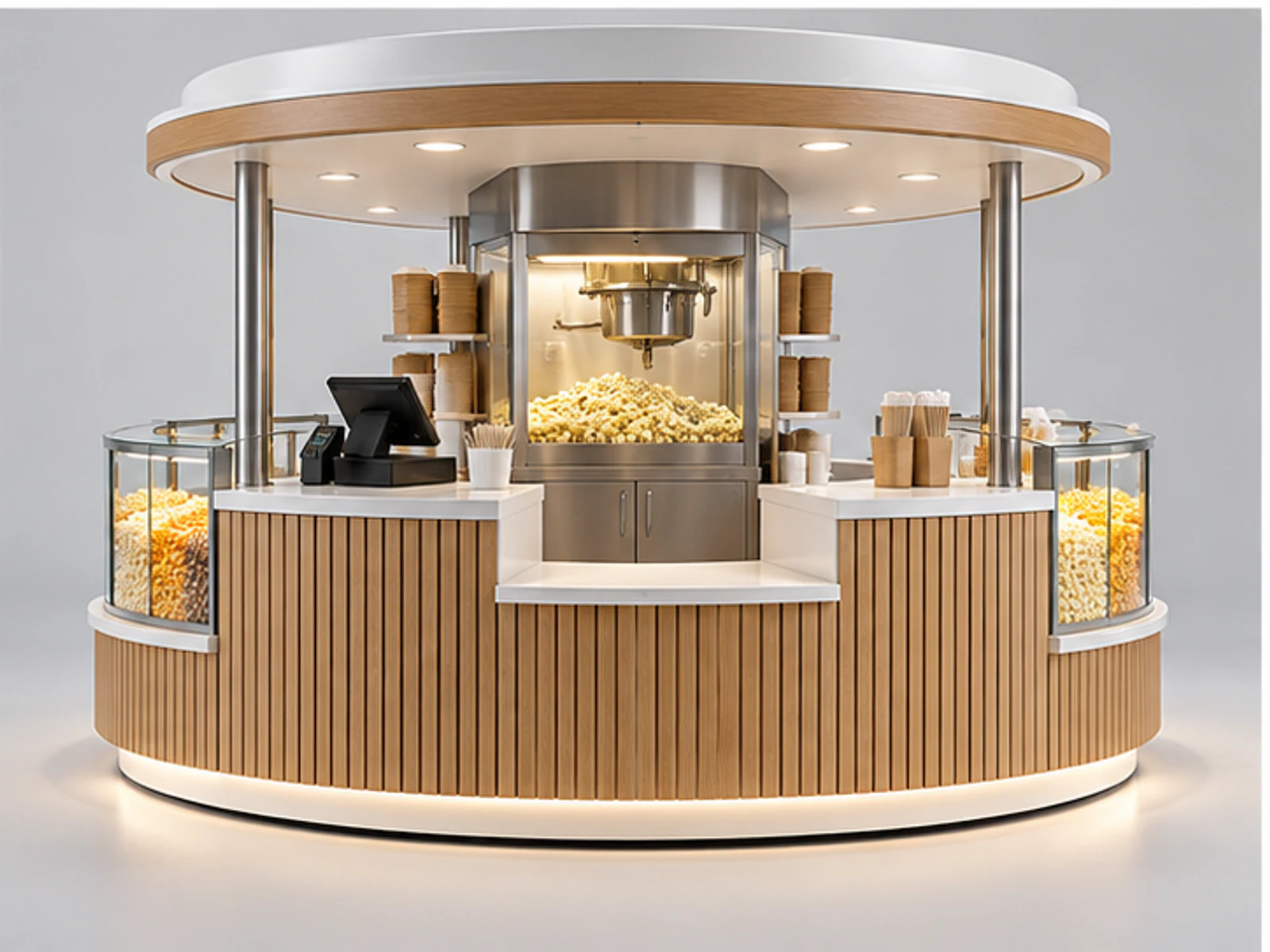 Round Popcorn Kiosk with Multi-Side Service customer-facing display and service counter