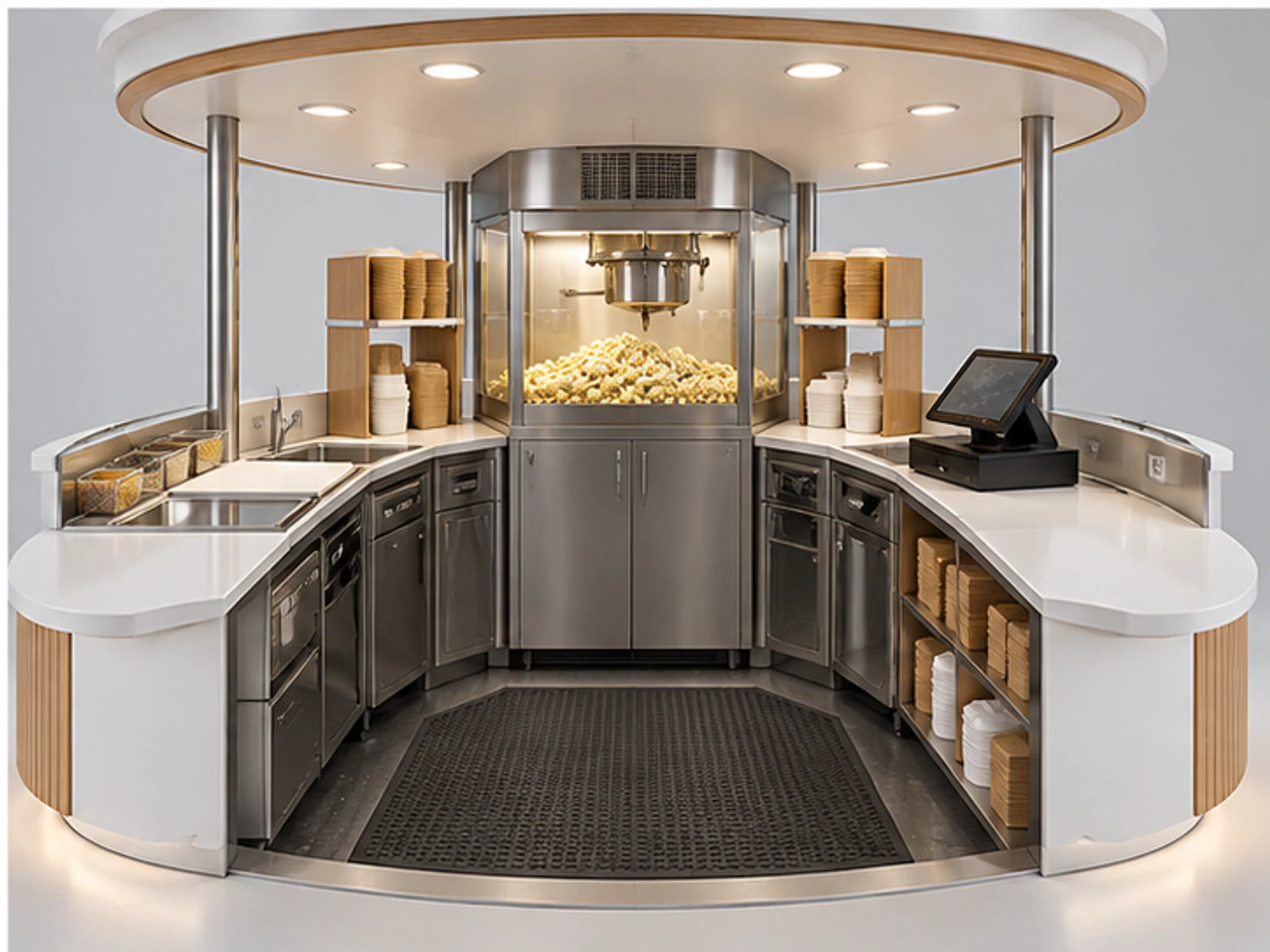 Round Popcorn Kiosk with Multi-Side Service staff-side equipment and storage layout