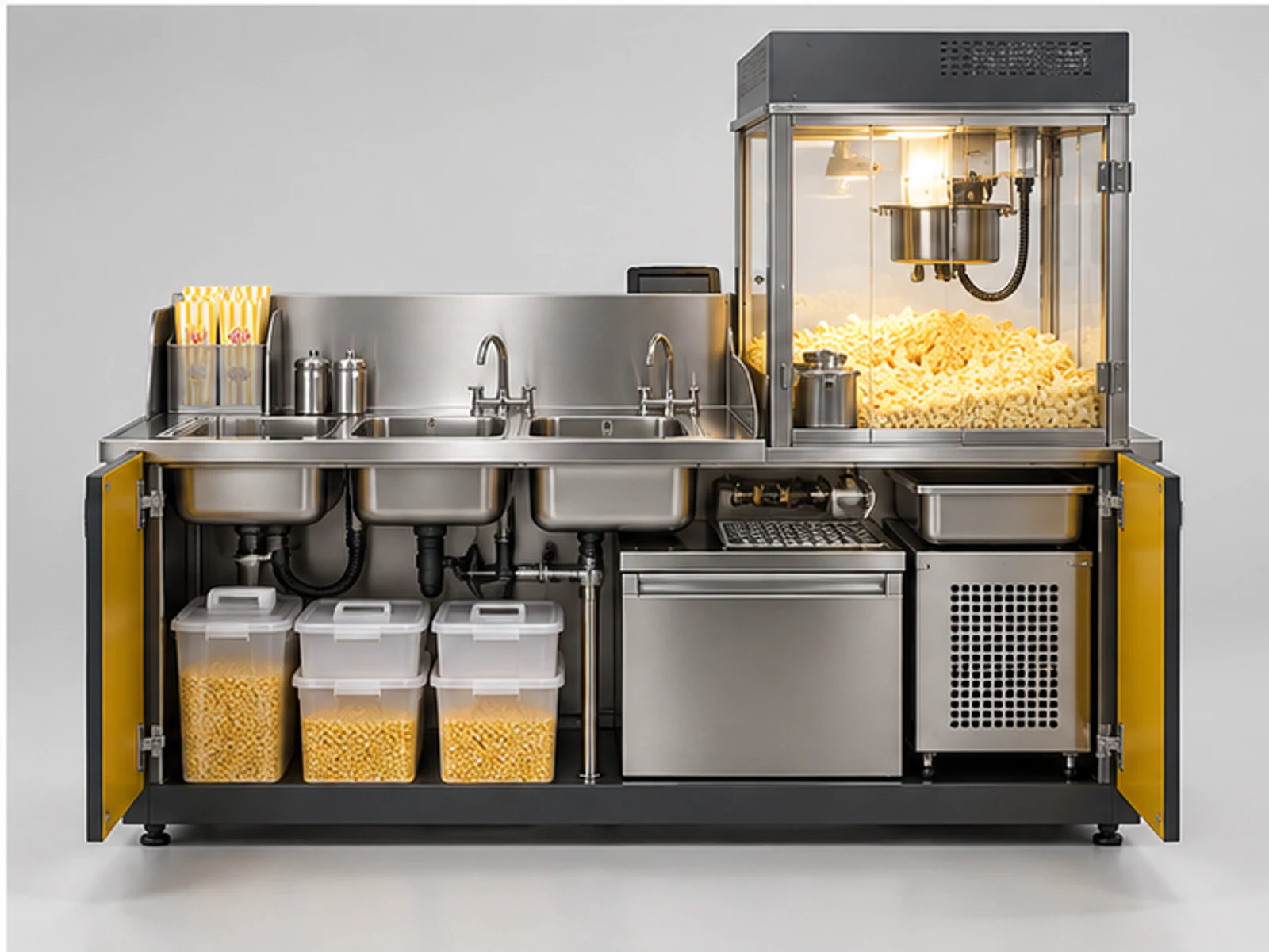 Small Popcorn Stand with Bagging Station staff-side equipment and storage layout