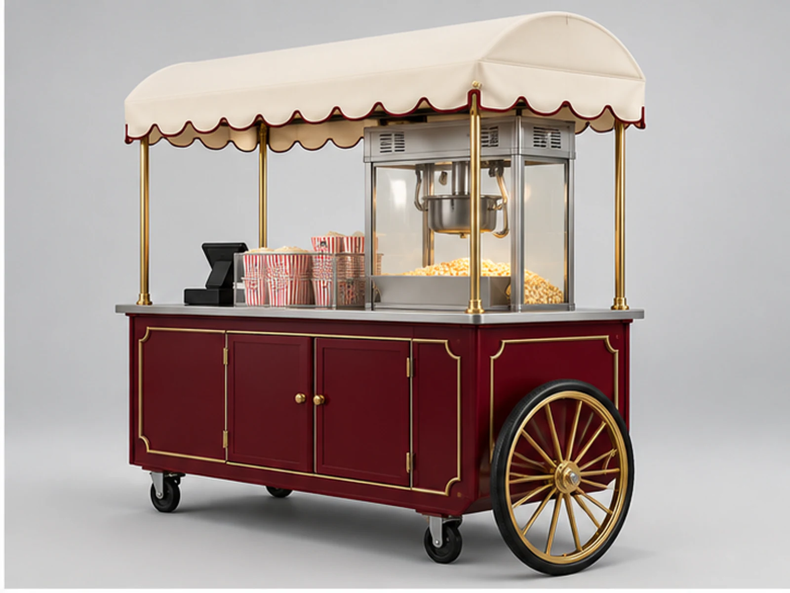 Vintage Popcorn Cart with Modern Equipment opposite angle showing overall kiosk layout