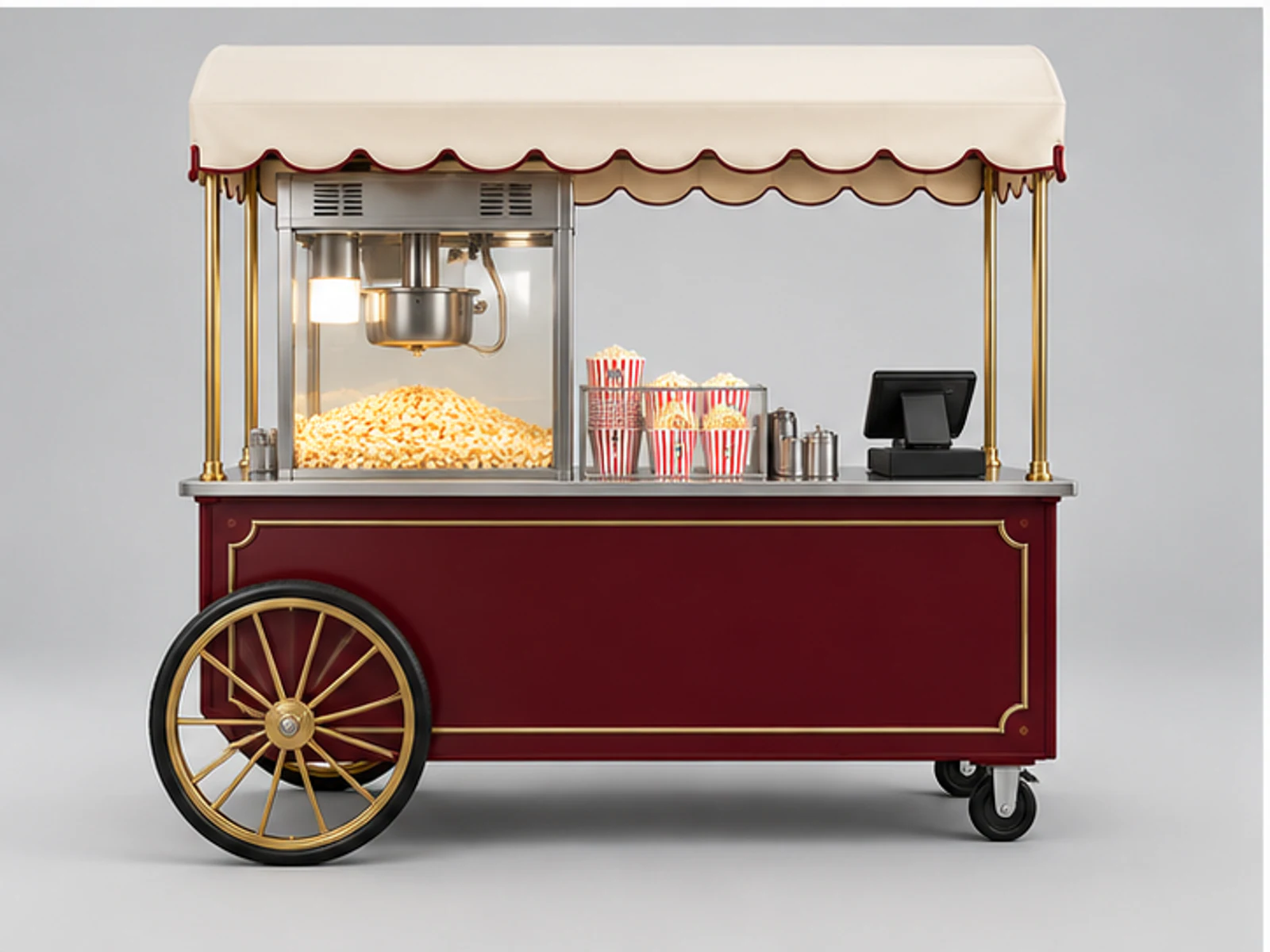 Vintage Popcorn Cart with Modern Equipment customer-facing display and service counter