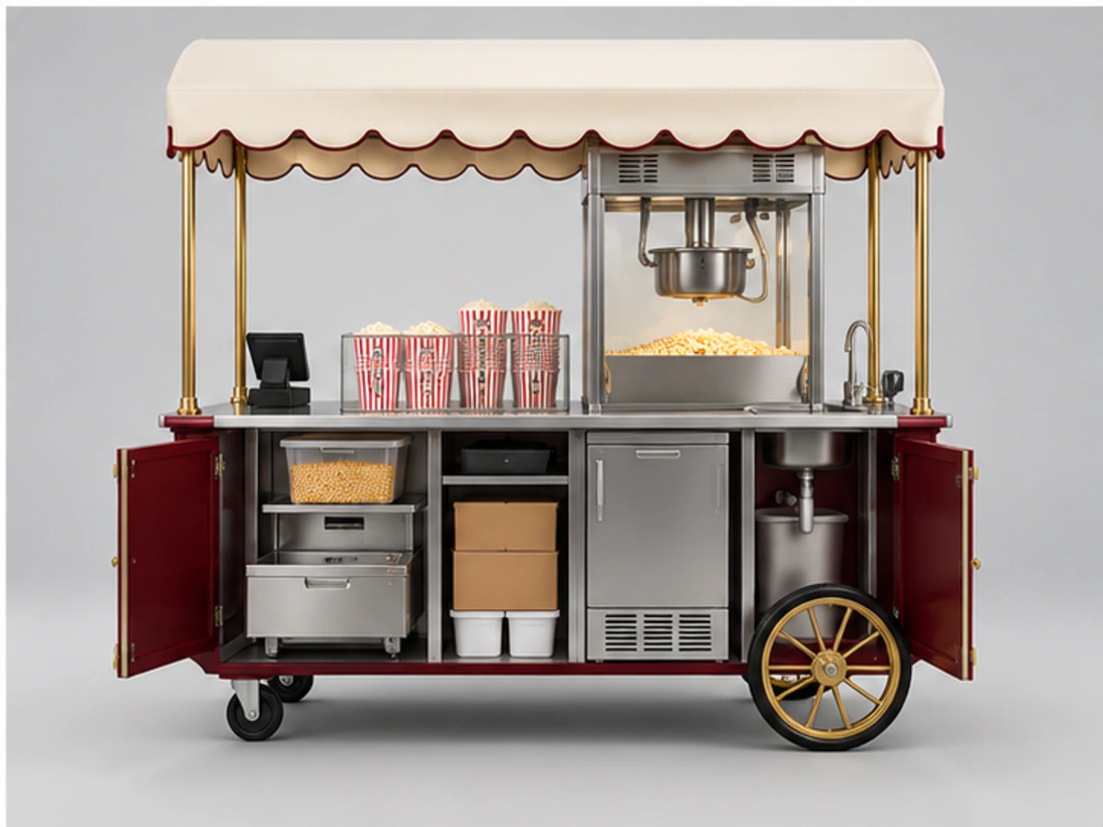 Vintage Popcorn Cart with Modern Equipment staff-side equipment and storage layout