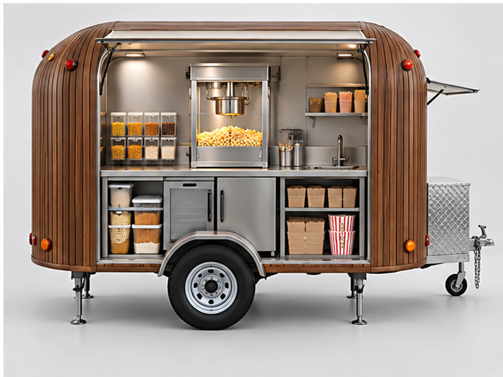 Wood Popcorn Kiosk with Ingredient Storage staff-side equipment and storage layout