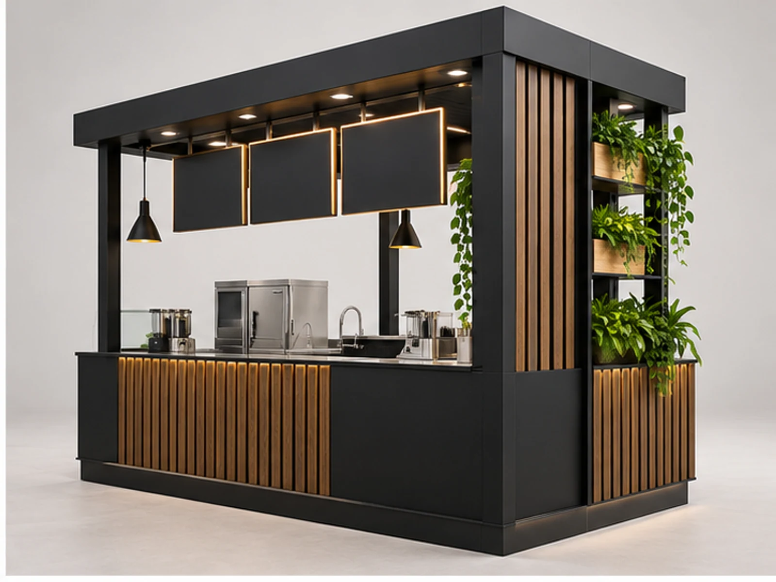 Black Steel Smoothie Bar with LED Menu Frame opposite angle showing overall kiosk layout