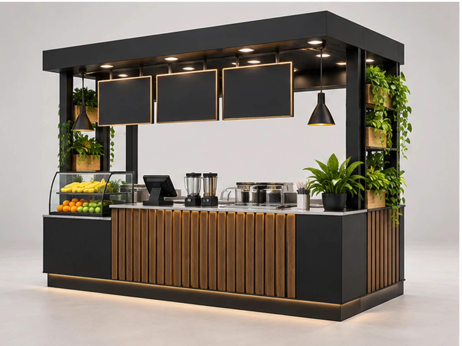 Black Steel Smoothie Bar with LED Menu Frame customer-facing display and service counter