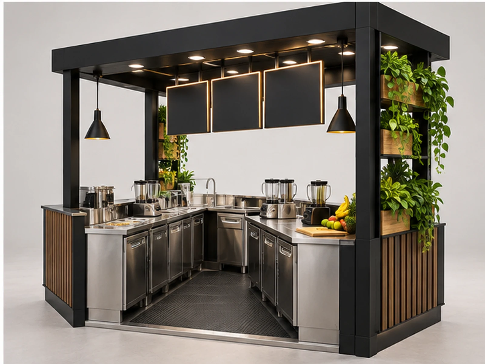 Black Steel Smoothie Bar with LED Menu Frame staff-side equipment and storage layout