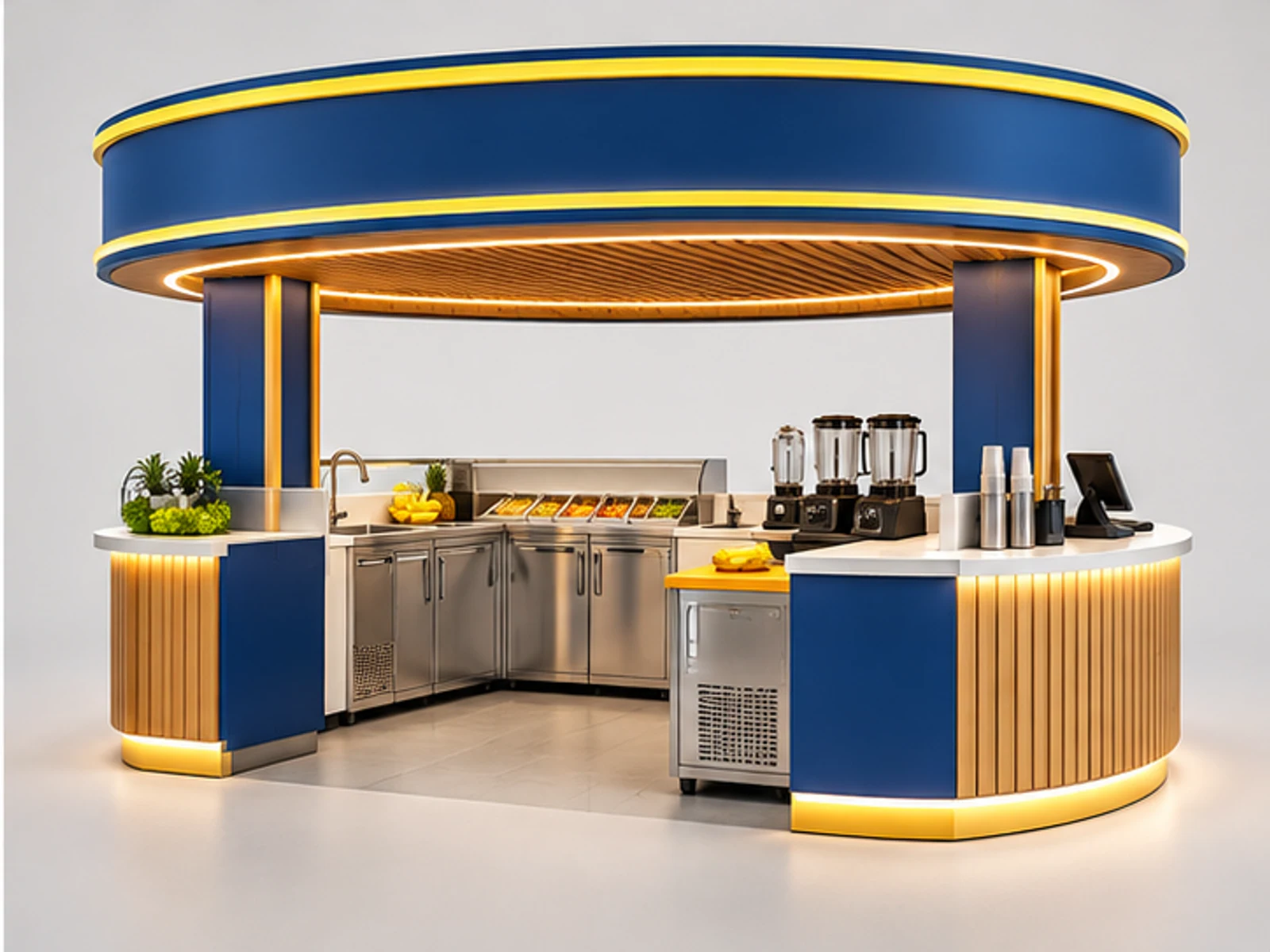Colorful Smoothie Booth for Shopping Centers staff-side equipment and storage layout