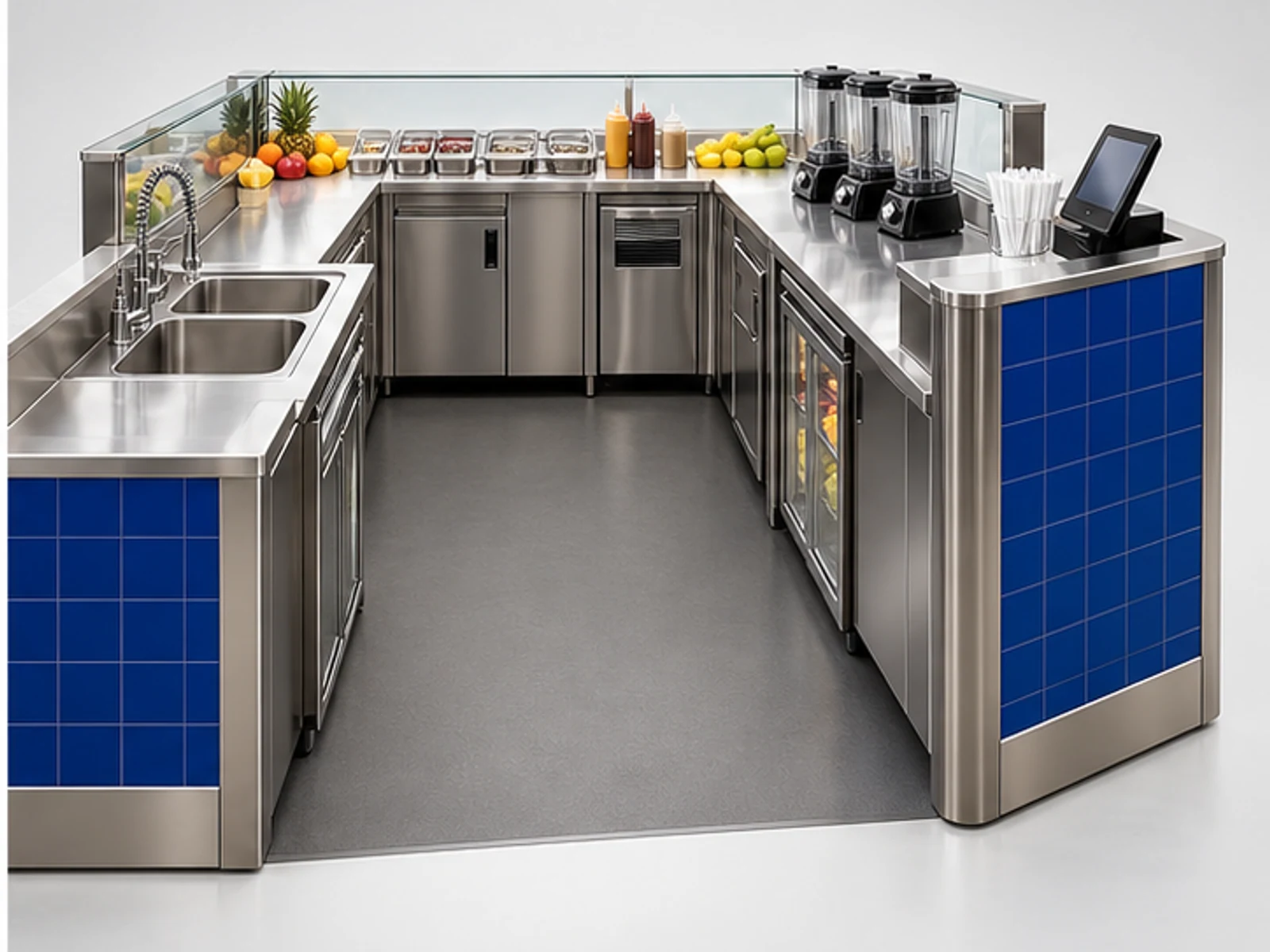 Commercial Smoothie Booth with Wash Station staff-side equipment and storage layout