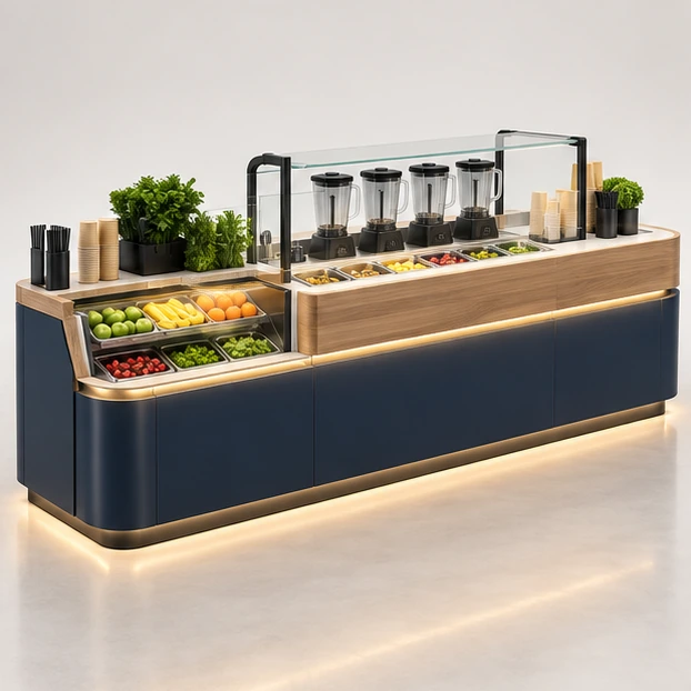 Compact Mall Smoothie Kiosk with Under-Counter Chillers main three-quarter product rendering