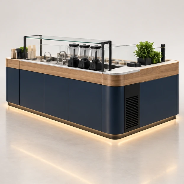 Compact Mall Smoothie Kiosk with Under-Counter Chillers opposite angle showing its complete footprint and display layout