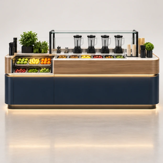 Compact Mall Smoothie Kiosk with Under-Counter Chillers customer-facing service and display view