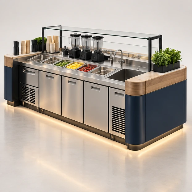 Compact Mall Smoothie Kiosk with Under-Counter Chillers operator-side equipment, access, and storage view