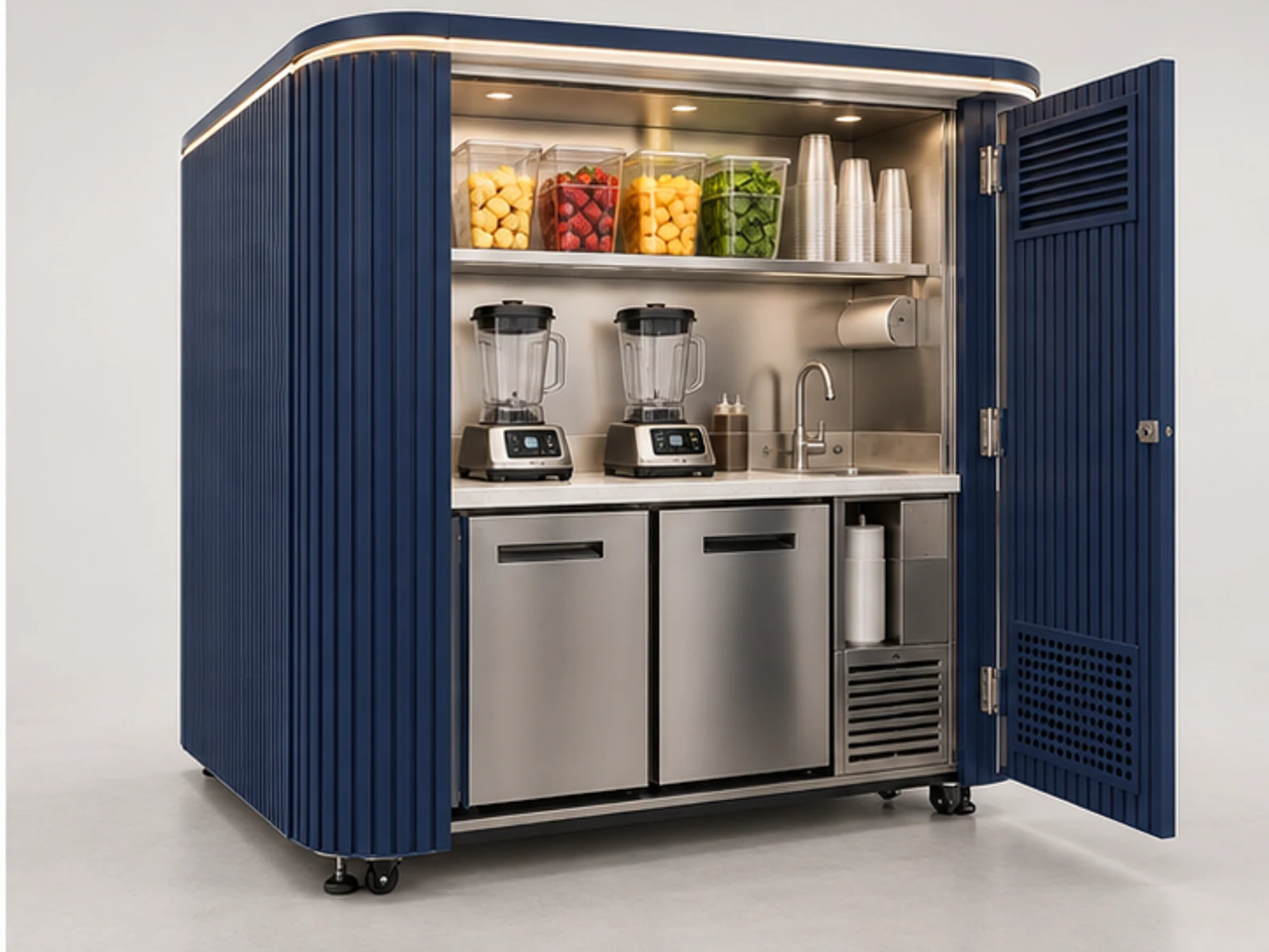 Compact Smoothie Booth with Dual Blender Station staff-side equipment and storage layout