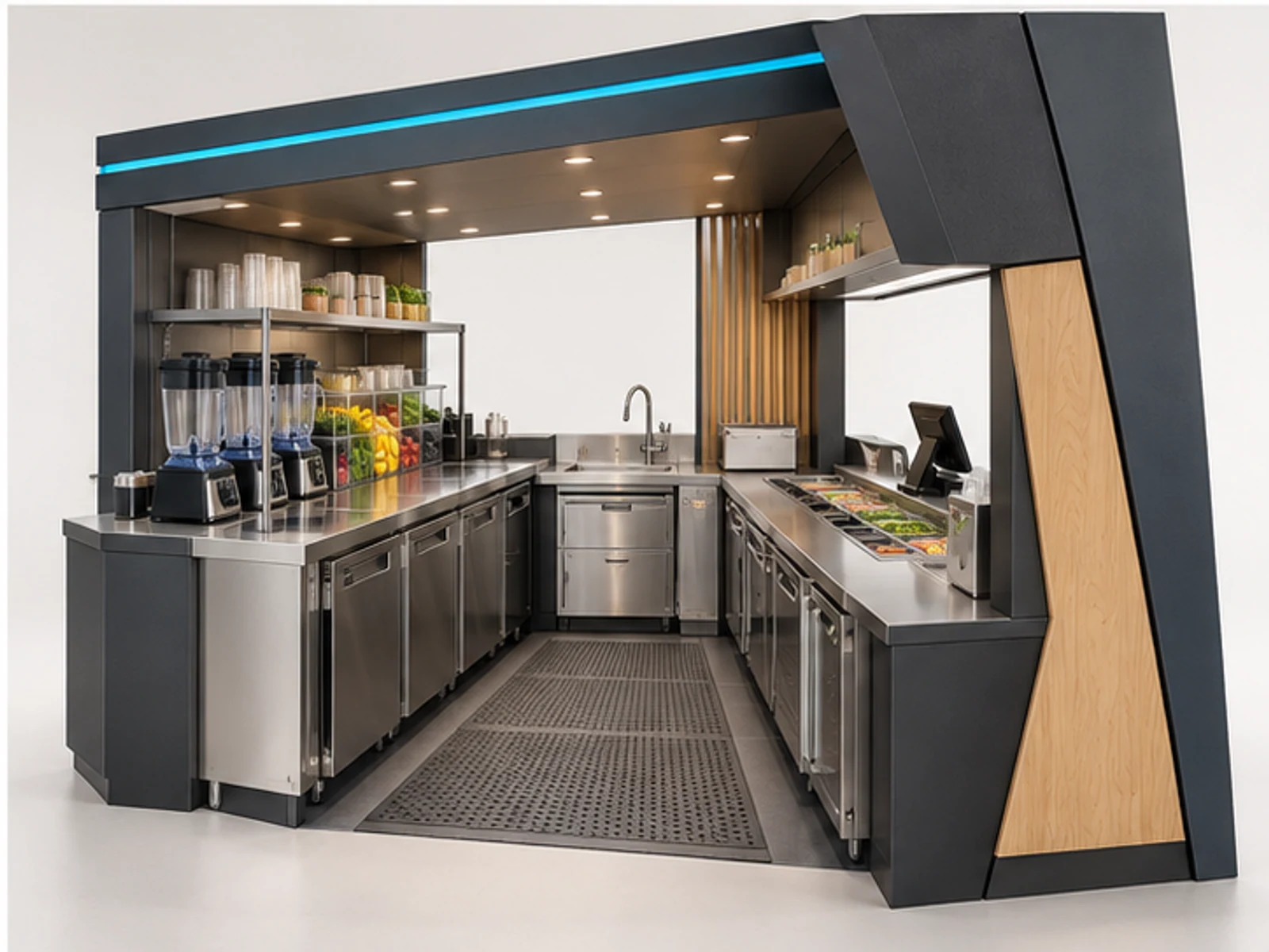 Custom Smoothie Kiosk for Fitness Venues staff-side equipment and storage layout