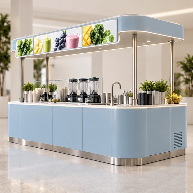 Express Smoothie Kiosk with Digital Menu Canopy opposite angle showing its complete footprint and display layout