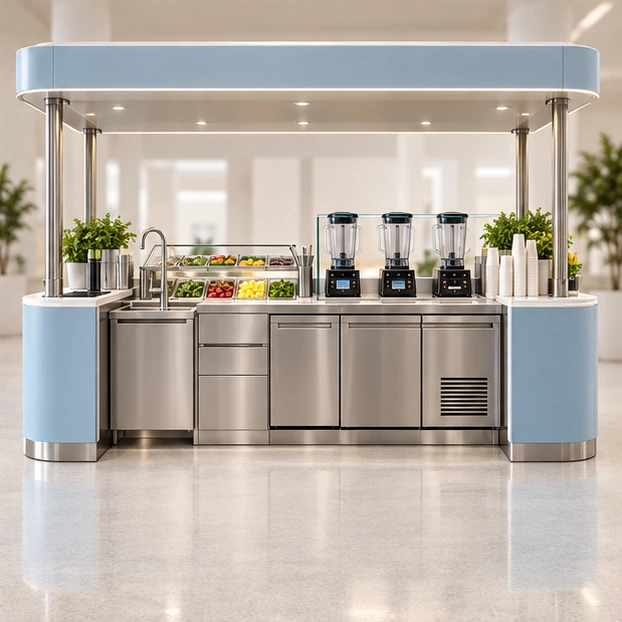 Express Smoothie Kiosk with Digital Menu Canopy operator-side equipment, access, and storage view