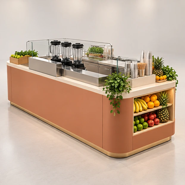 Fresh Fruit Smoothie Kiosk with Open Ingredient Display opposite angle showing its complete footprint and display layout