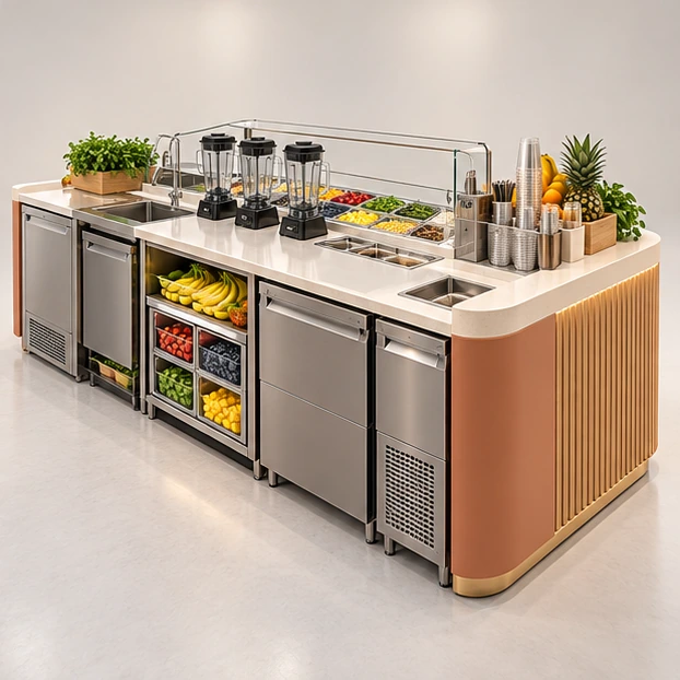 Fresh Fruit Smoothie Kiosk with Open Ingredient Display operator-side equipment, access, and storage view