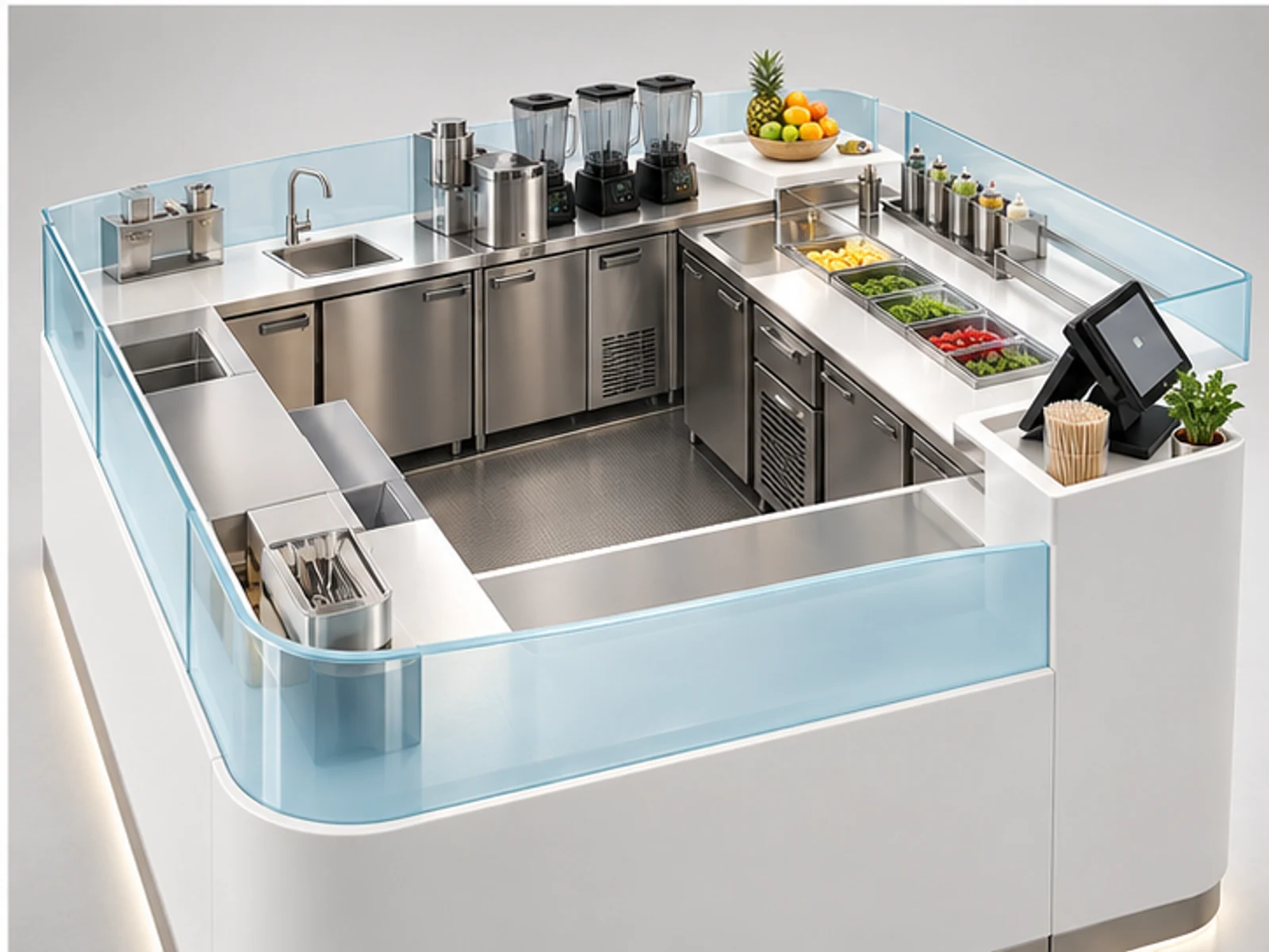 Healthy Beverage Kiosk with Cold Storage staff-side equipment and storage layout