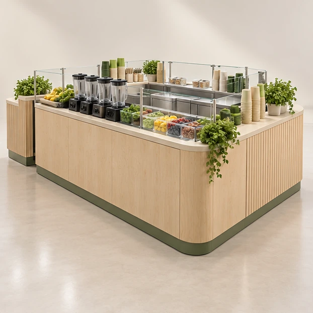 High-Volume Smoothie Kiosk with Multi-Side Service opposite angle showing its complete footprint and display layout