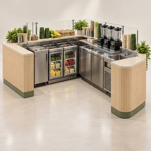 High-Volume Smoothie Kiosk with Multi-Side Service operator-side equipment, access, and storage view