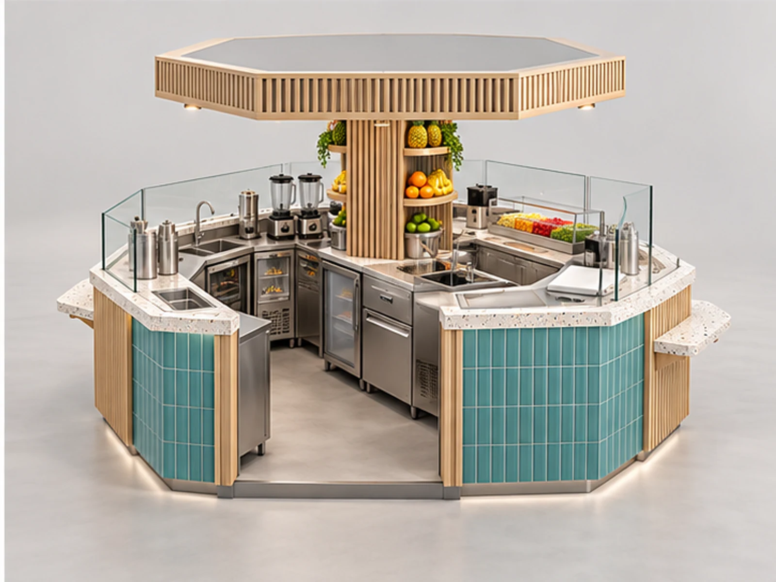 Island Smoothie Kiosk with Multi-Side Pickup staff-side equipment and storage layout