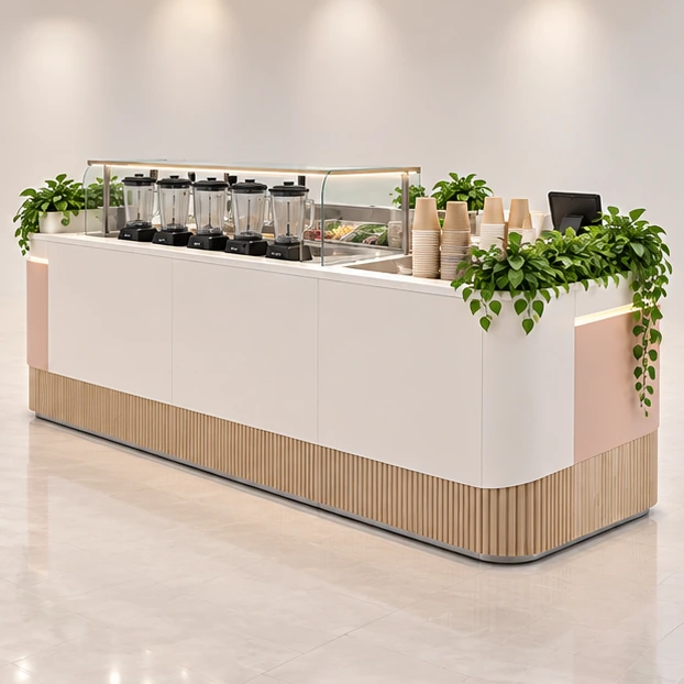 Island Smoothie Kiosk with Separate Order and Pickup opposite angle showing its complete footprint and display layout