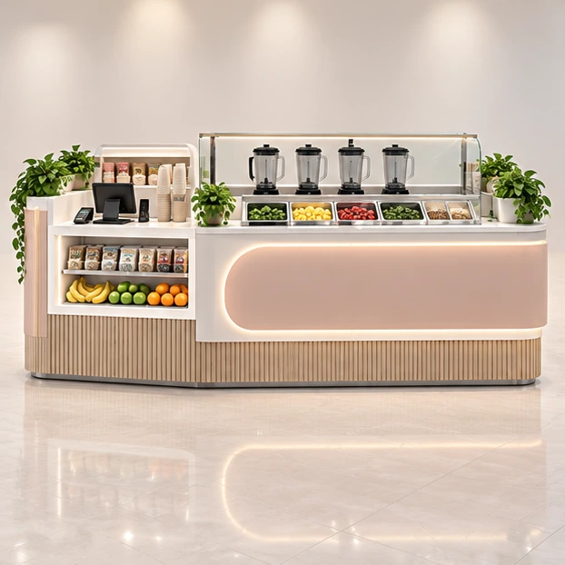 Island Smoothie Kiosk with Separate Order and Pickup customer-facing service and display view
