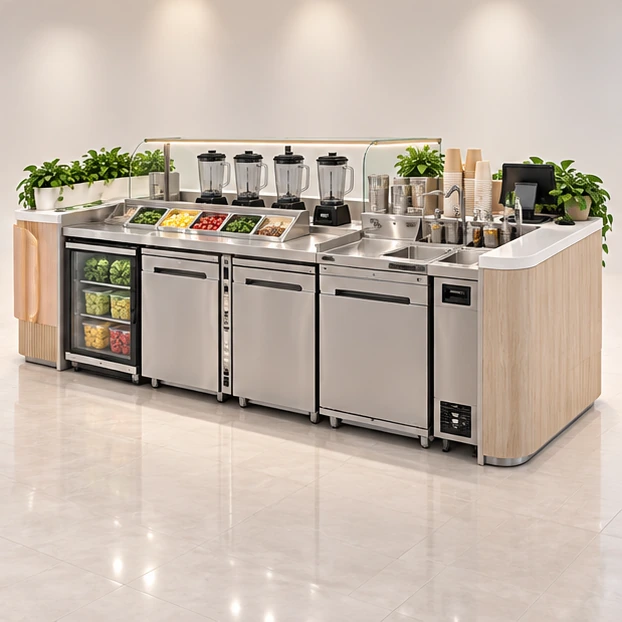 Island Smoothie Kiosk with Separate Order and Pickup operator-side equipment, access, and storage view