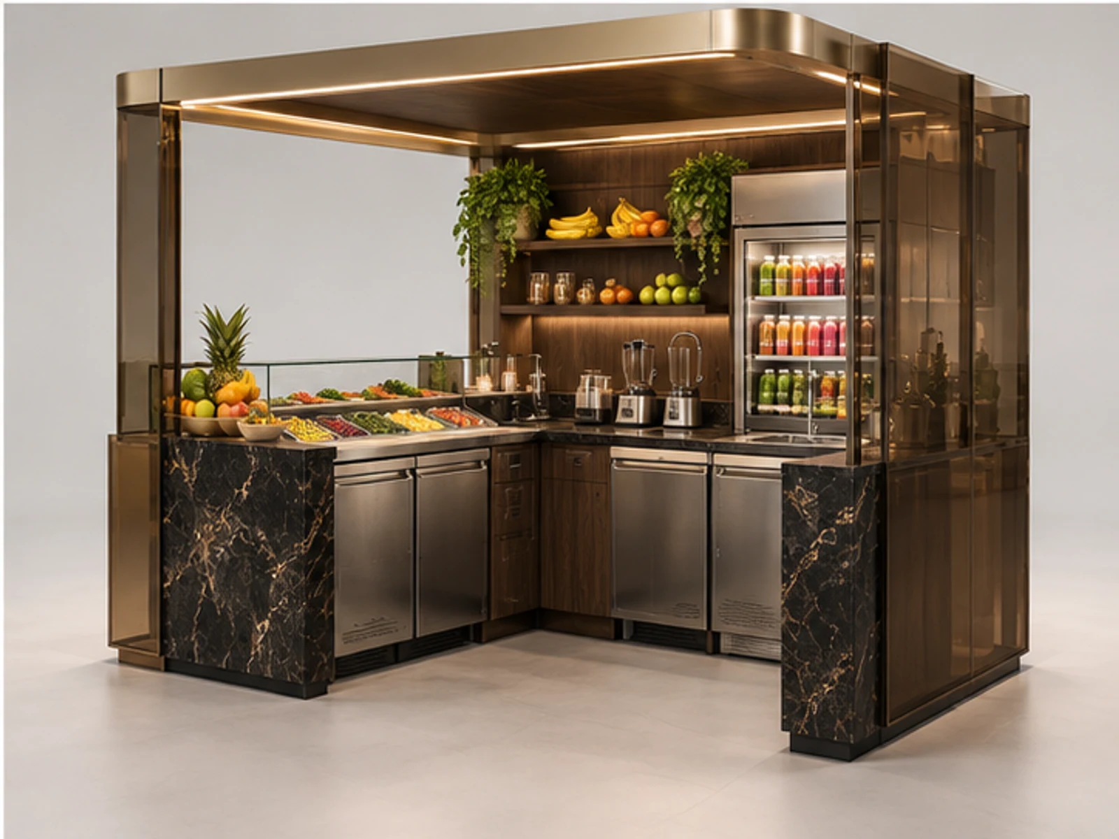 Luxury Smoothie Bar with Stone Service Counter staff-side equipment and storage layout