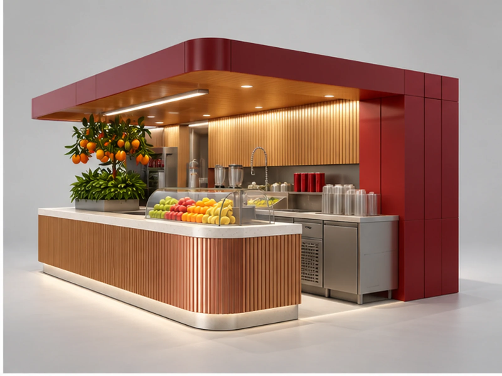 Mall Smoothie Kiosk with Glass Fruit Showcase opposite angle showing overall kiosk layout