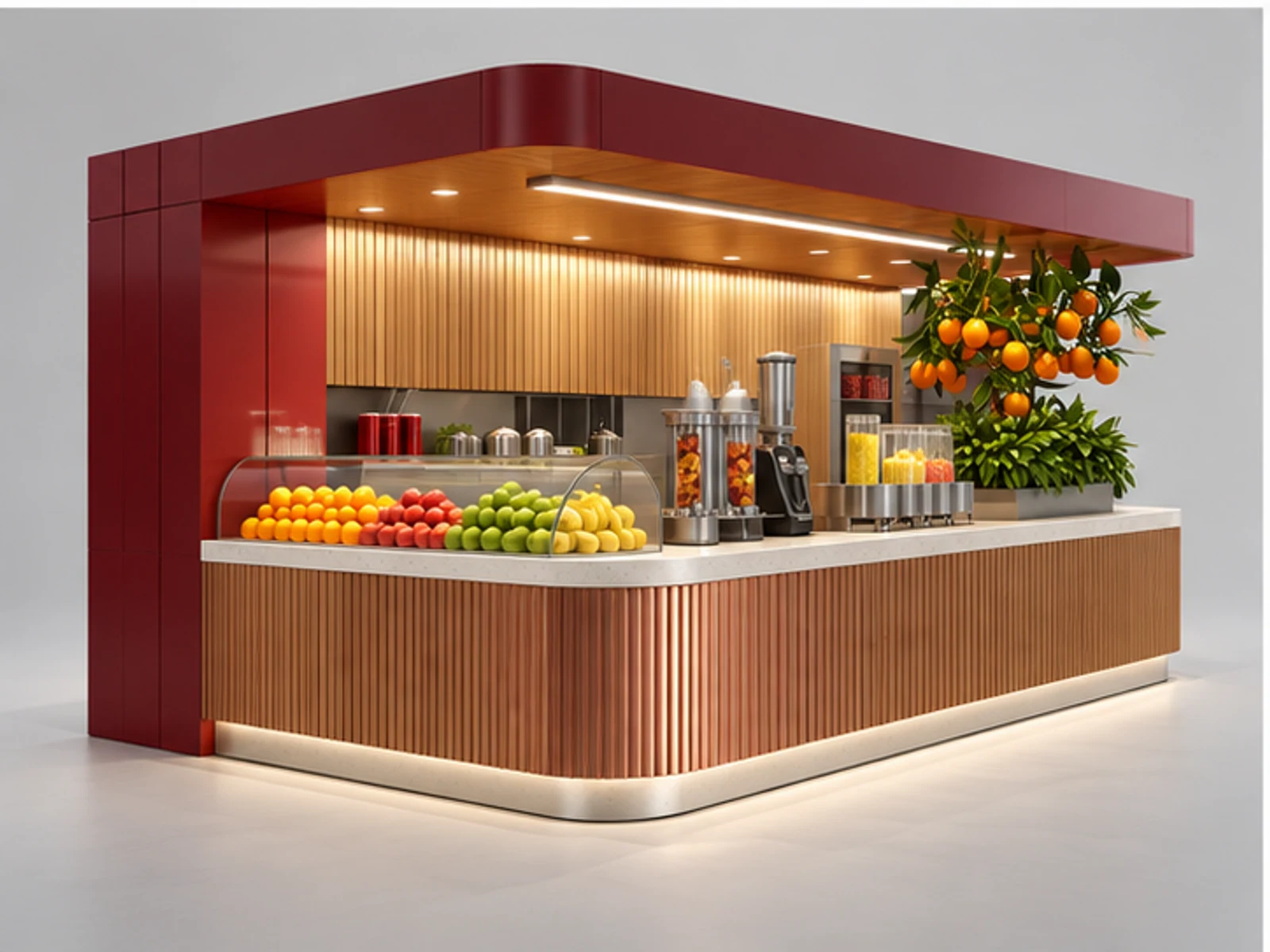 Mall Smoothie Kiosk with Glass Fruit Showcase customer-facing display and service counter