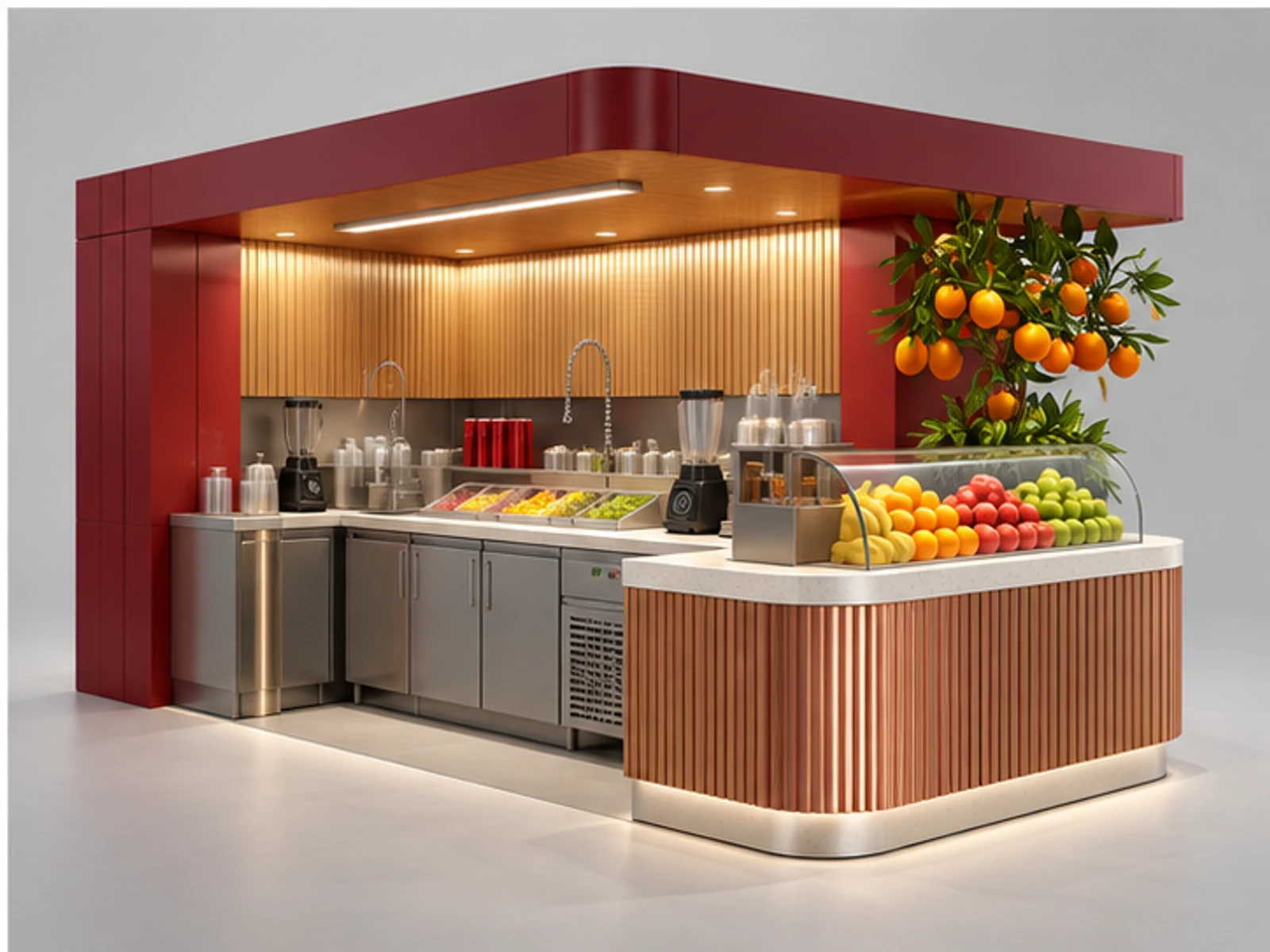 Mall Smoothie Kiosk with Glass Fruit Showcase staff-side equipment and storage layout
