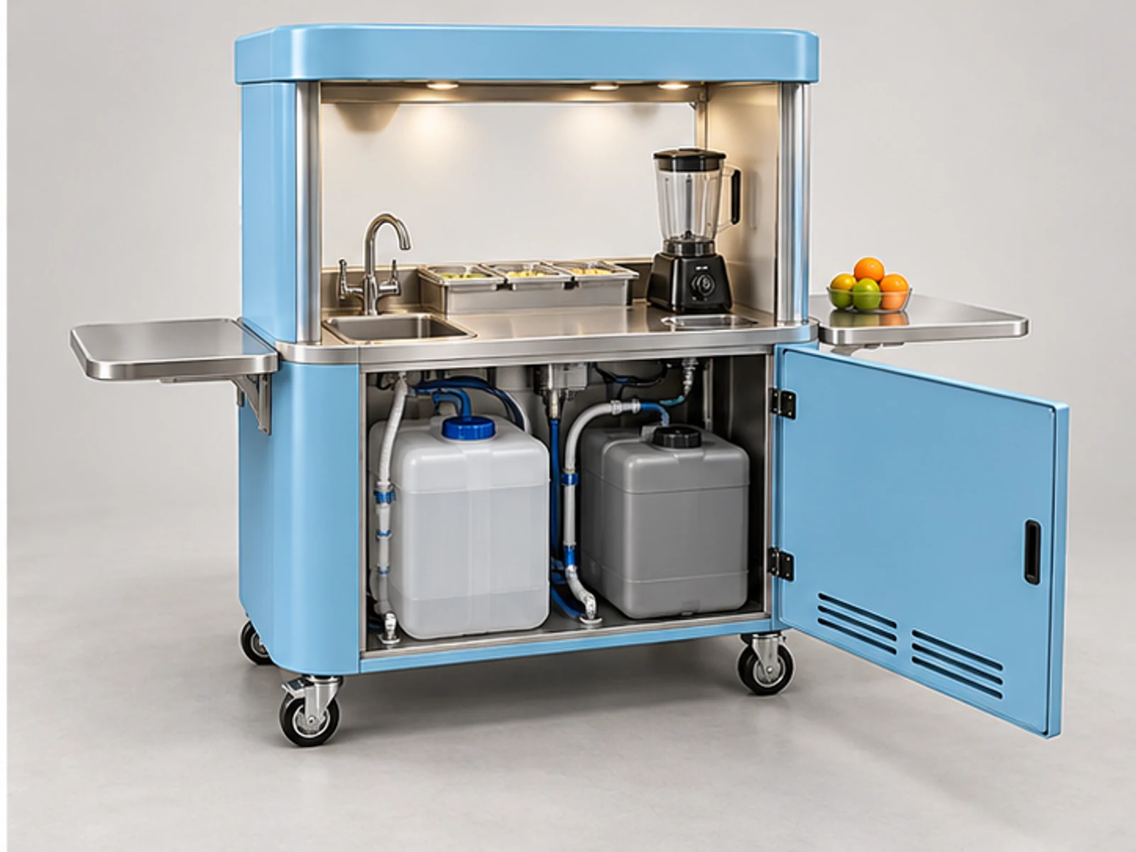 Mobile Smoothie Cart with Water Tank System staff-side equipment and storage layout