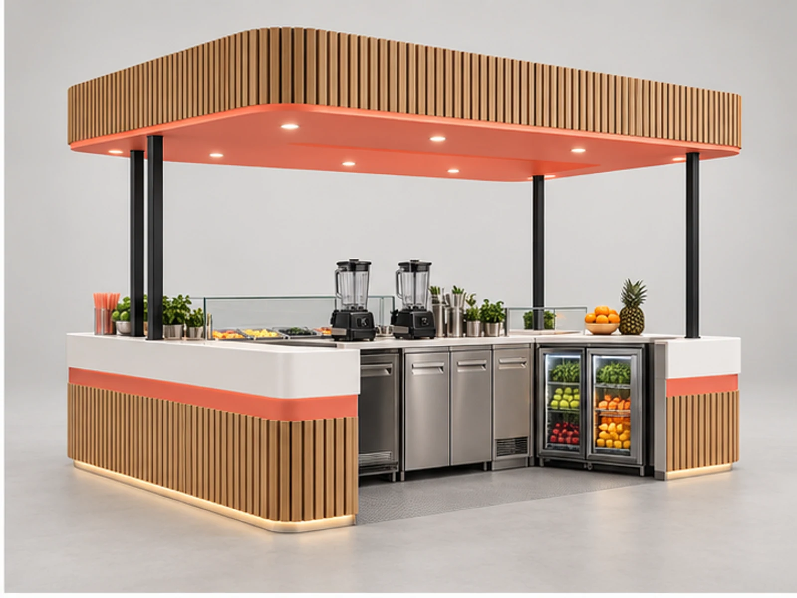 Modern Juice and Smoothie Kiosk with Canopy opposite angle showing overall kiosk layout