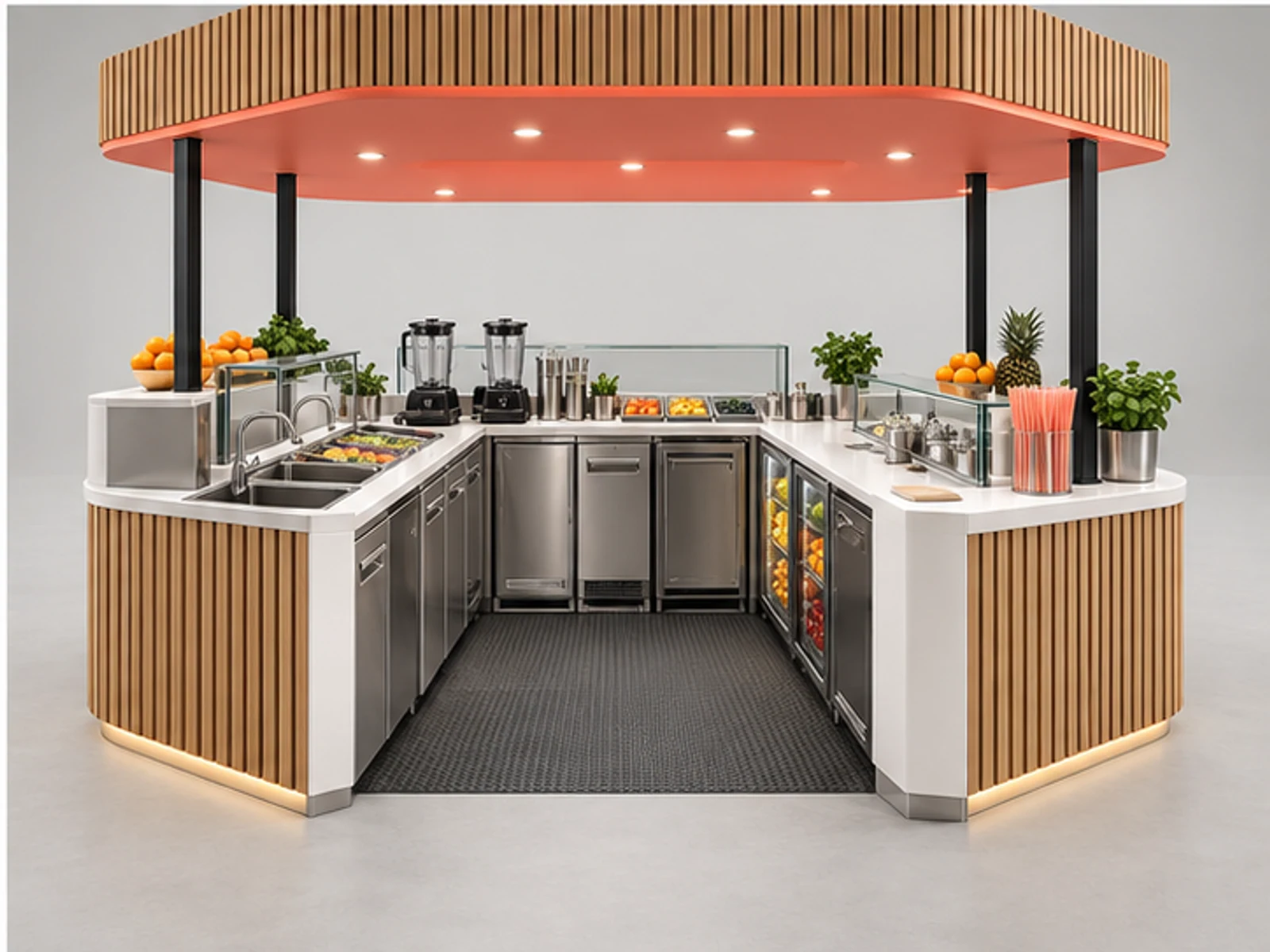 Modern Juice and Smoothie Kiosk with Canopy staff-side equipment and storage layout