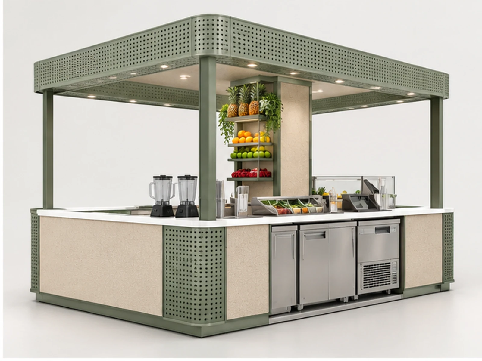 Modular Smoothie Kiosk for Franchise Rollout opposite angle showing overall kiosk layout