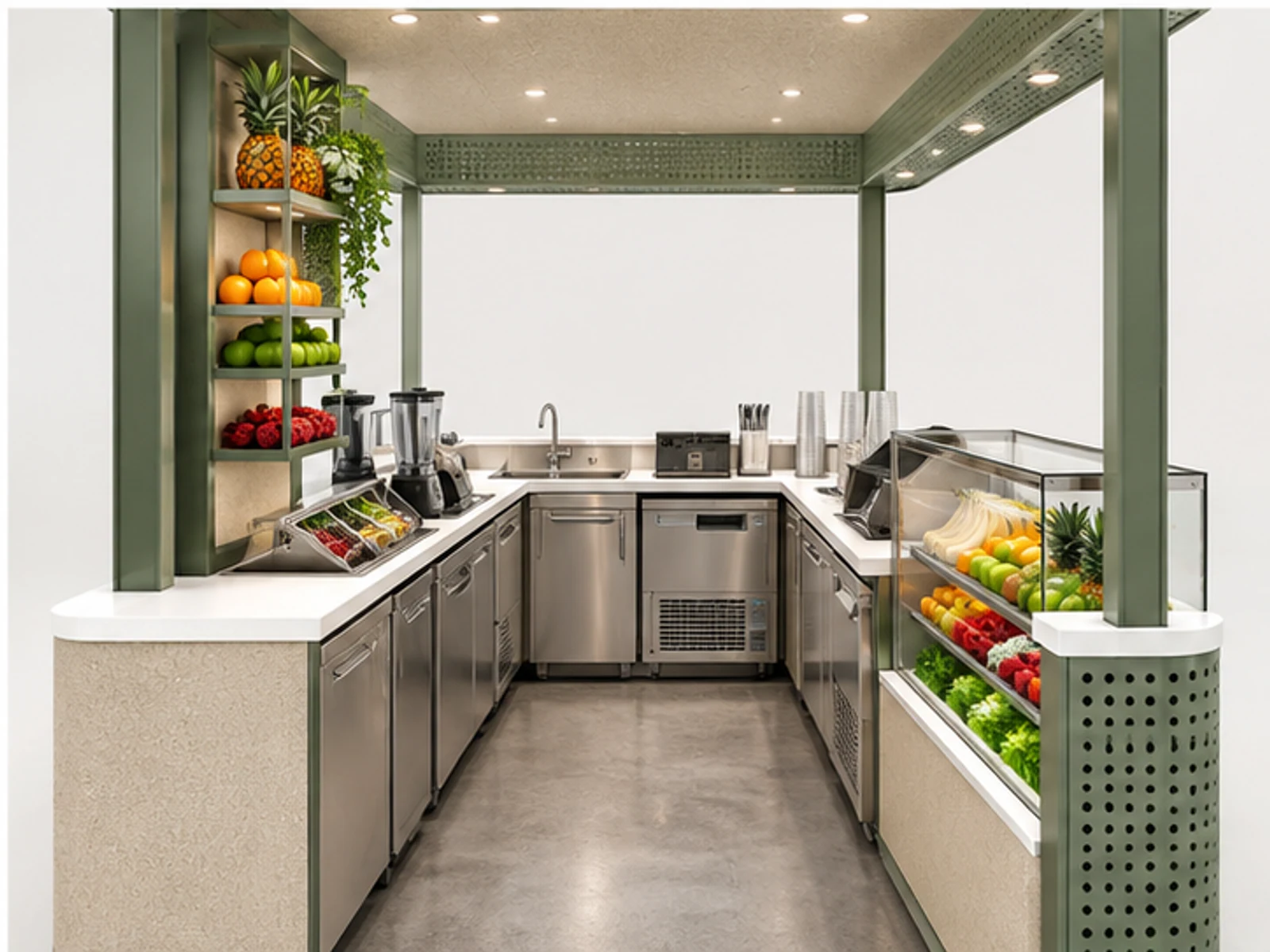 Modular Smoothie Kiosk for Franchise Rollout staff-side equipment and storage layout